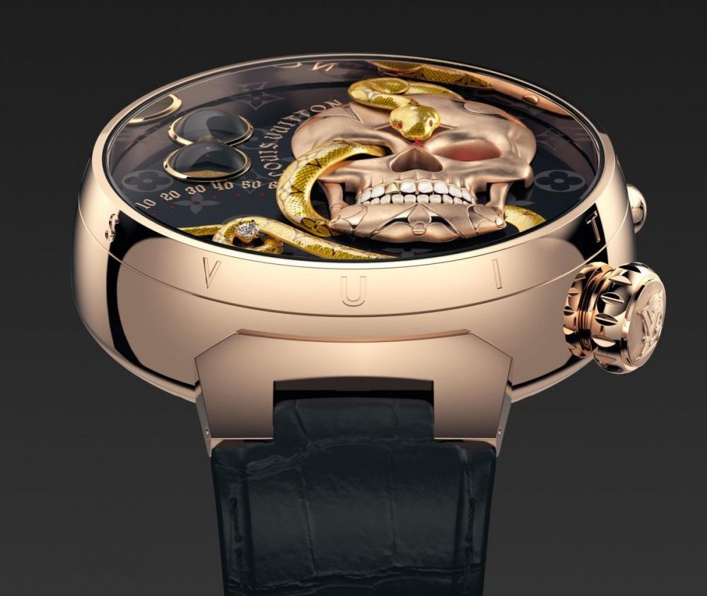 On the new vanitas-inspired Tambour Carpe Diem, the time can be read on  demand 