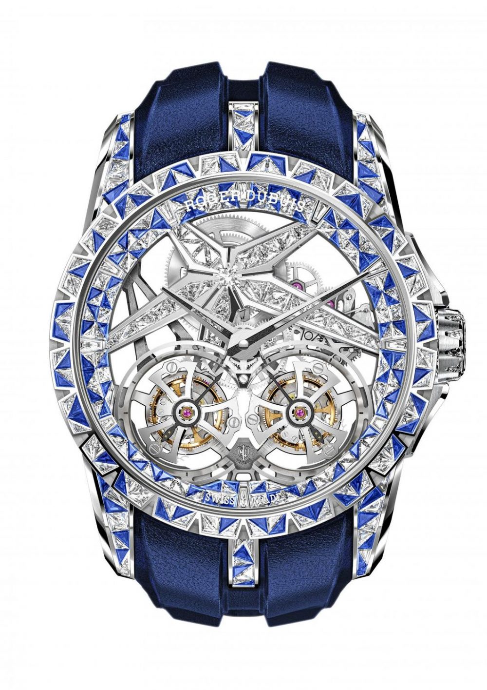 Roger Dubuis Excalibur Superbia features two flying tourbillon in a manufacture skeleton calibre