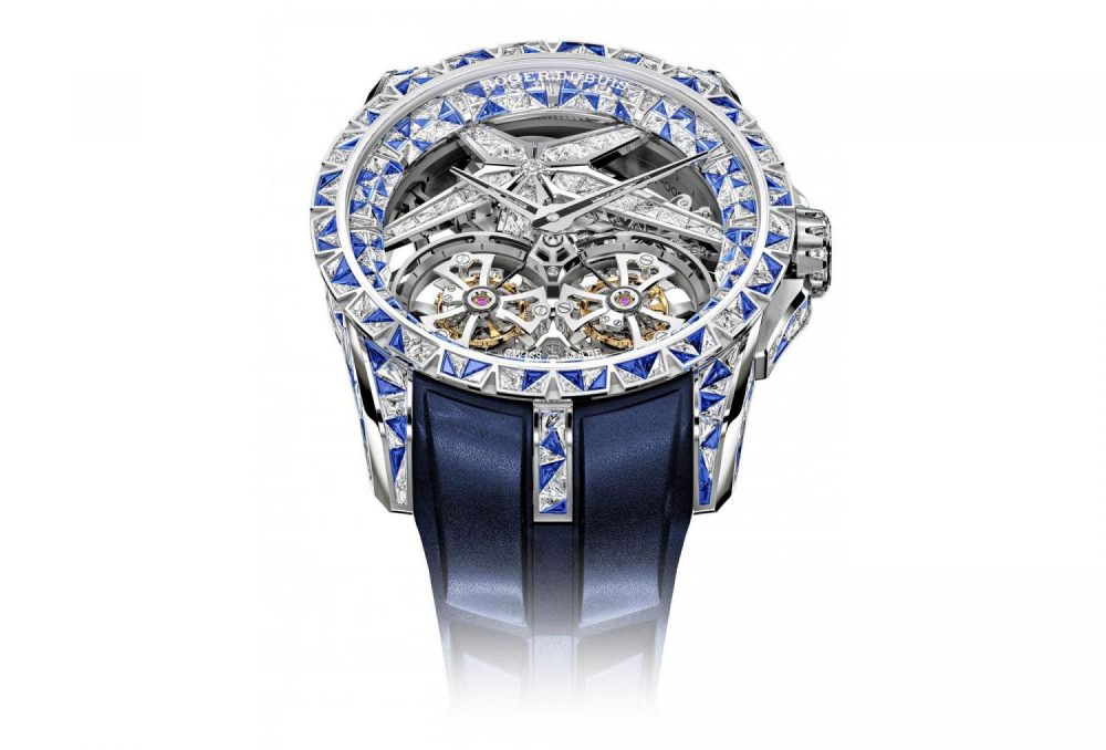 Roger Dubuis Excalibur Superbia features two flying tourbillon in a manufacture skeleton calibre